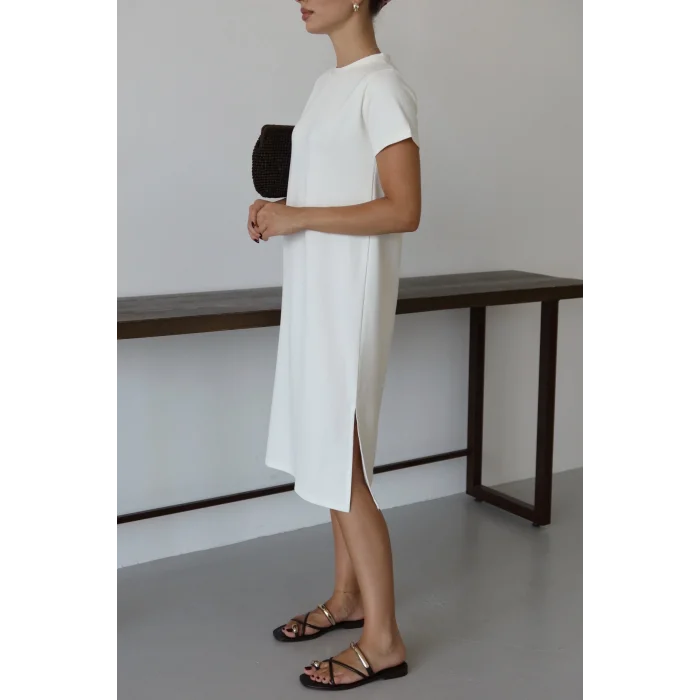 Modal yırtmaçlı elbise beyaz pt