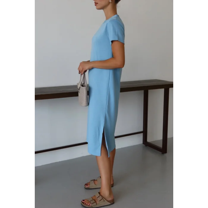 Modal yırtmaçlı elbise mavi pt