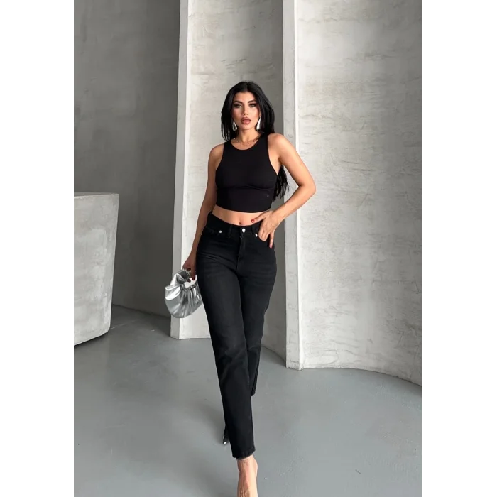 Mom fit enzim bıyıklı taş yıkama jeans pantolon siyah d2006