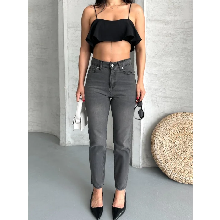 Mom fit enzim taş yıkama jeans pantolon füme d2006