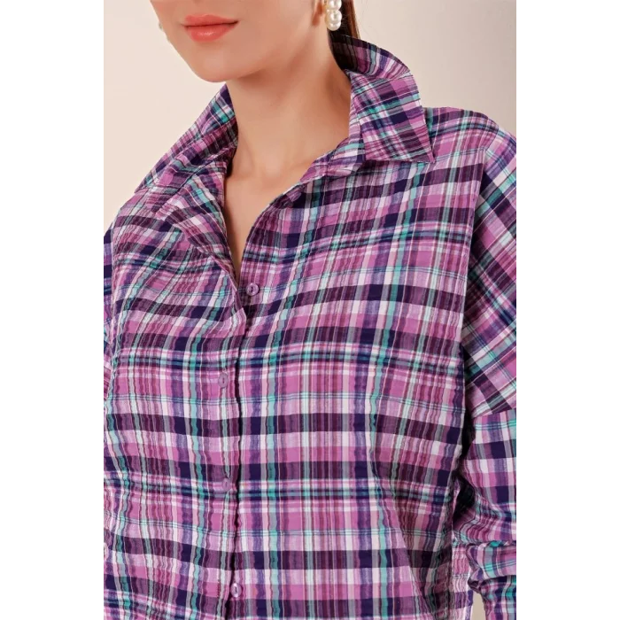 Mor Beyaz Kareli Desenli Oversize Uzun Basic Gömlek 3900