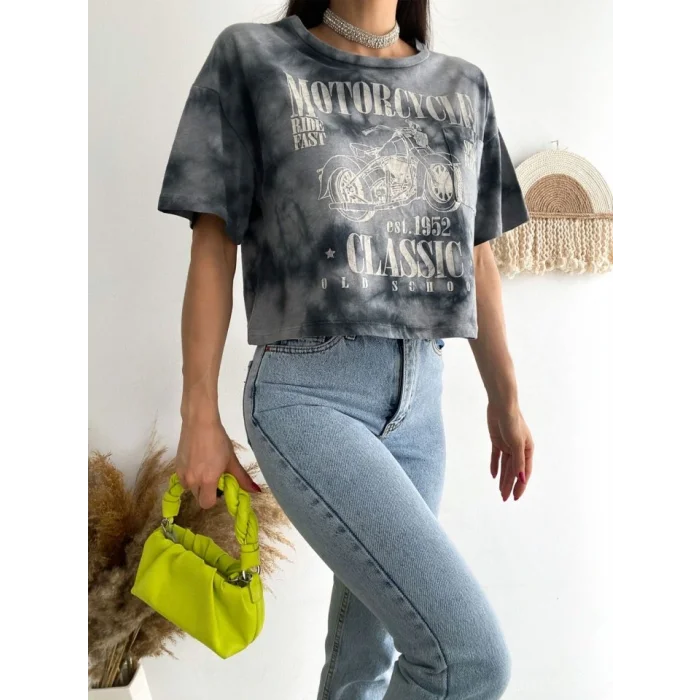 Motosiklet Baskılı Yıkamalı Crop Tişort -Gri
