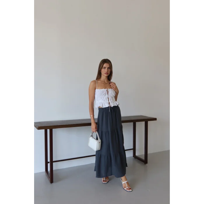 Müslin kumaş keten uzun etek antrasit pt