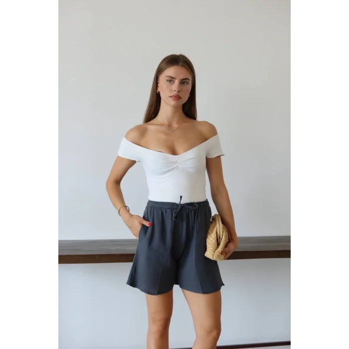 Müslin kumaş şort bağcıklı antrasit pt