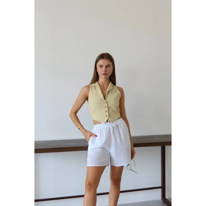 Müslin kumaş şort bağcıklı beyaz pt