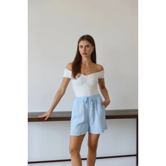 Müslin kumaş şort bağcıklı mavi pt