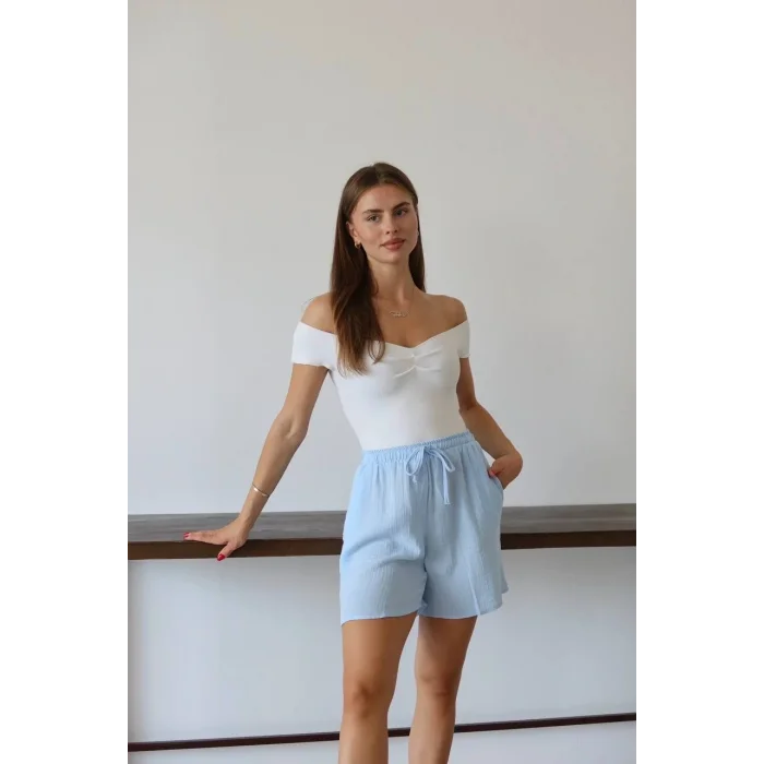 Müslin kumaş şort bağcıklı mavi pt