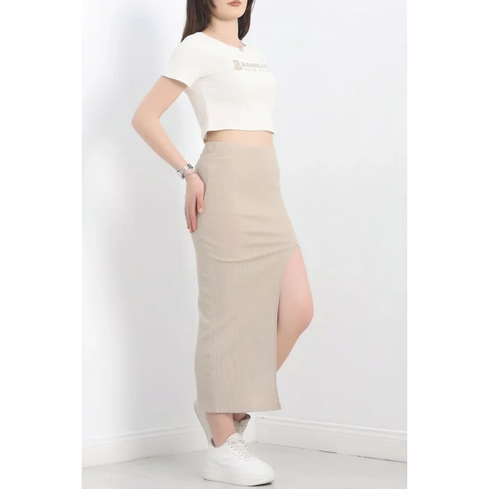 Nakışlı etekli takım bej beyaz s3899