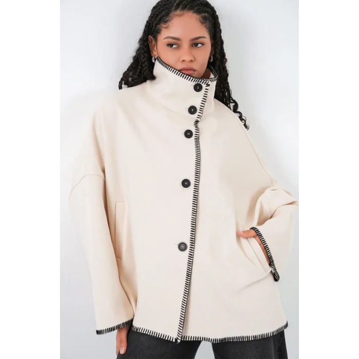 Nakışlı Kaşe Ceket 9167 - Ekru