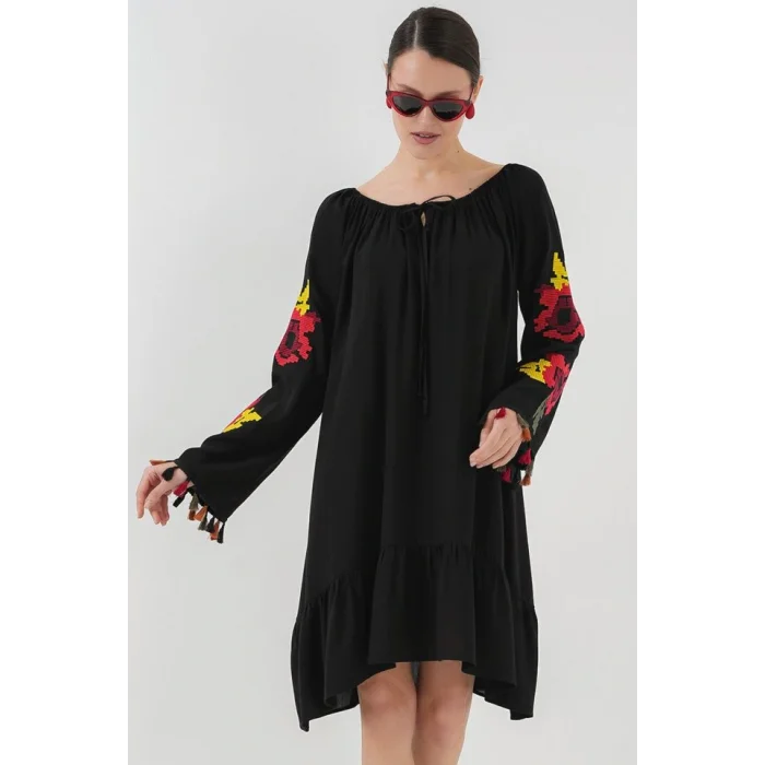 Nakışlı Midi Elbise 2531 - Siyah