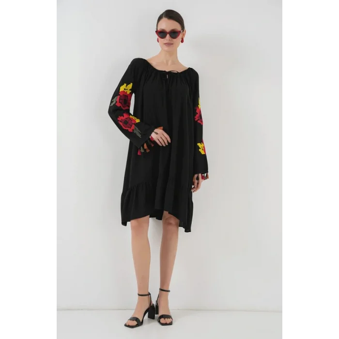 Nakışlı Midi Elbise 2531 - Siyah