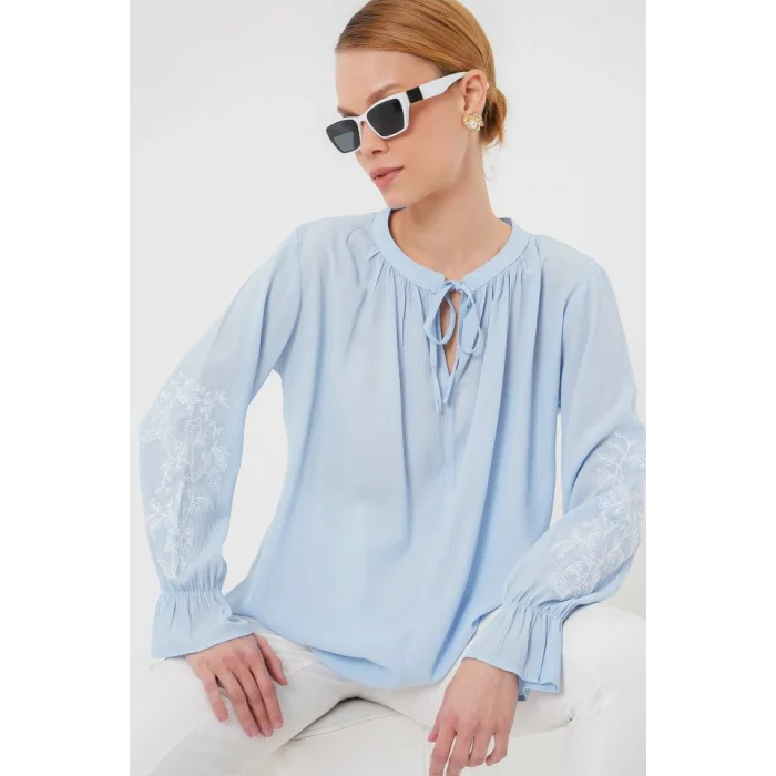 Nakışlı Örme Bluz 941 - Mavi