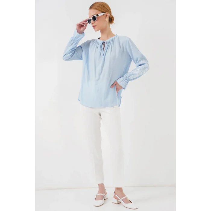 Nakışlı Örme Bluz 941 - Mavi