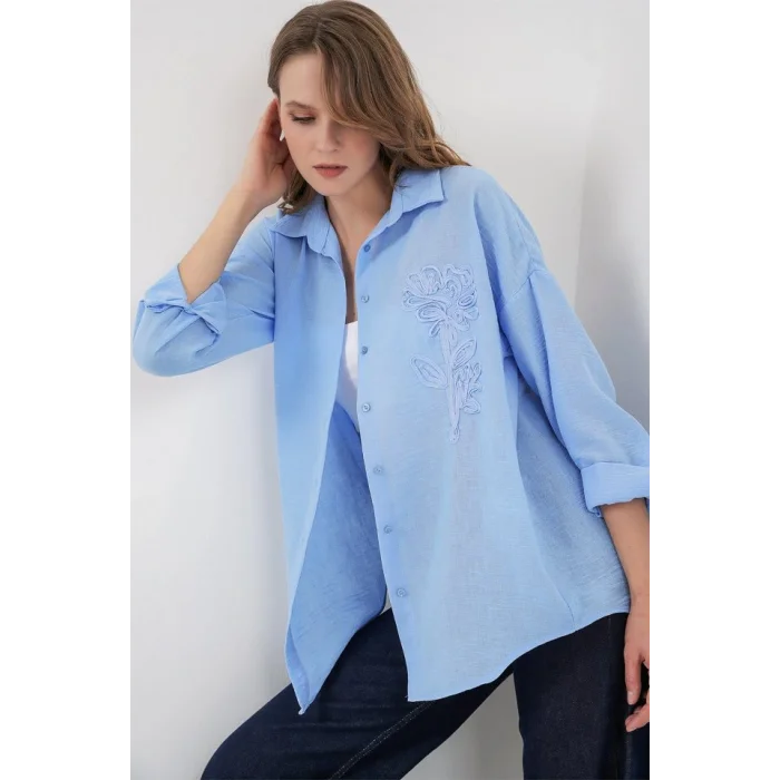 Nakışlı Oversize Gömlek 20338 - Mavi