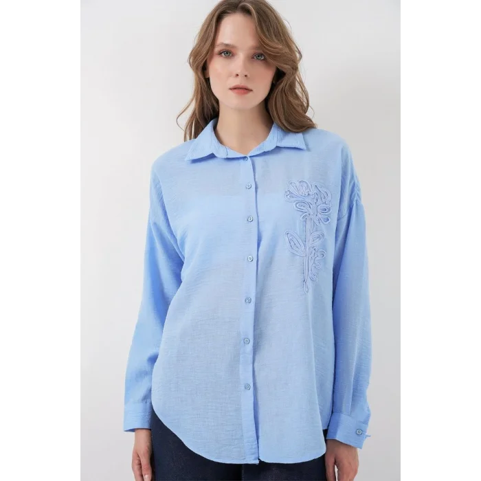 Nakışlı Oversize Gömlek 20338 - Mavi