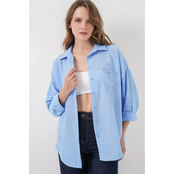 Nakışlı Oversize Gömlek 20338 - Mavi