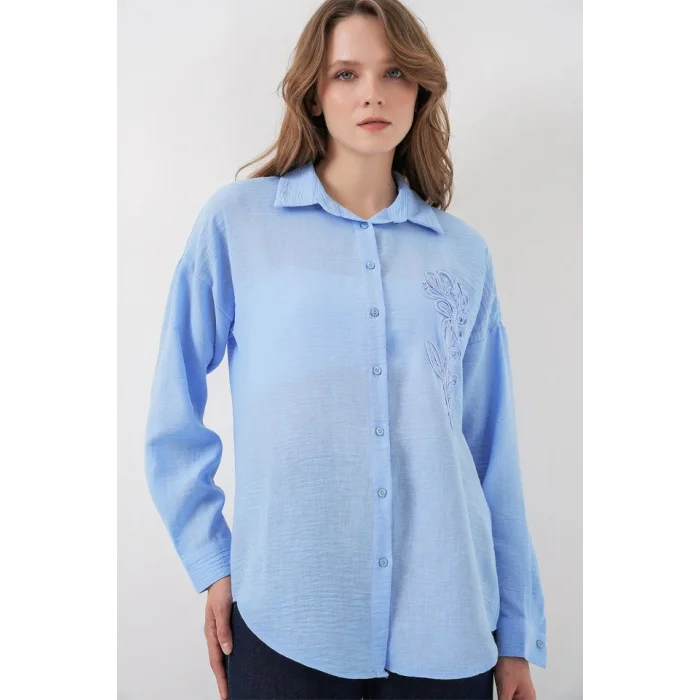 Nakışlı Oversize Gömlek 20338 - Mavi