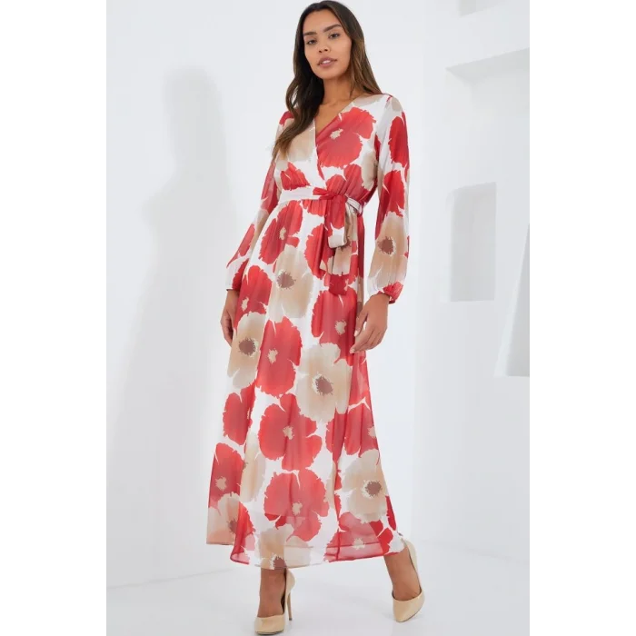 Nar Bej Çiçek Desenli Şifon Elbise 2134