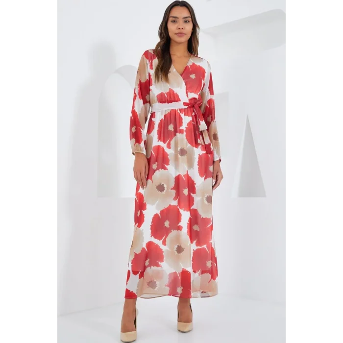 Nar Bej Çiçek Desenli Şifon Elbise 2134