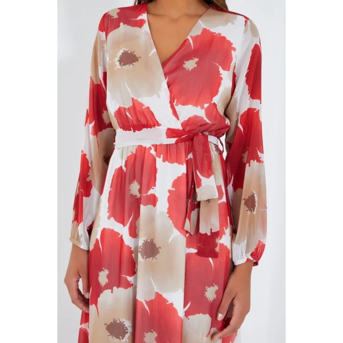 Nar Bej Çiçek Desenli Şifon Elbise 2134