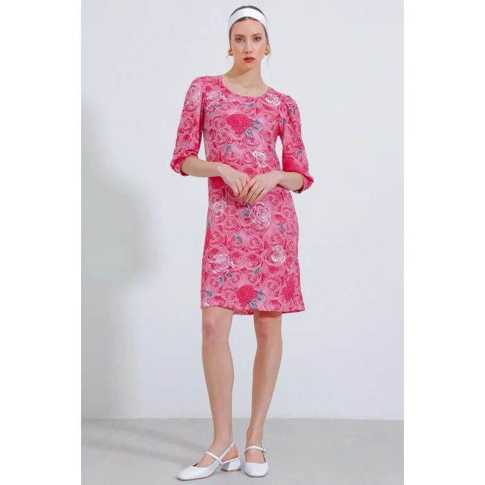 Nar Gül Desenli Midi Elbise 2477