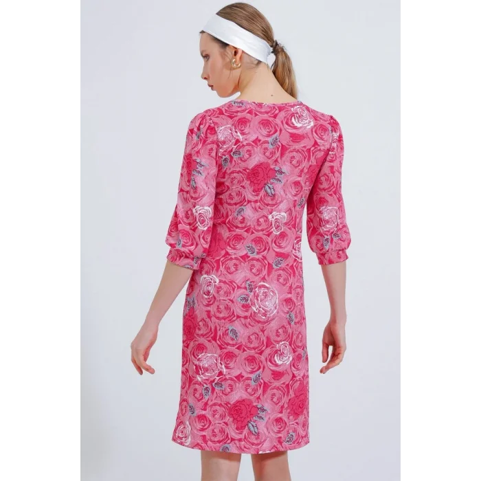 Nar Gül Desenli Midi Elbise 2477