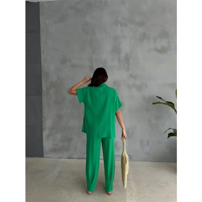 OMUZ MİDYE SIRALI BLUZ - PAÇA PENSLİ PANTOLON TAKIM - Yeşil