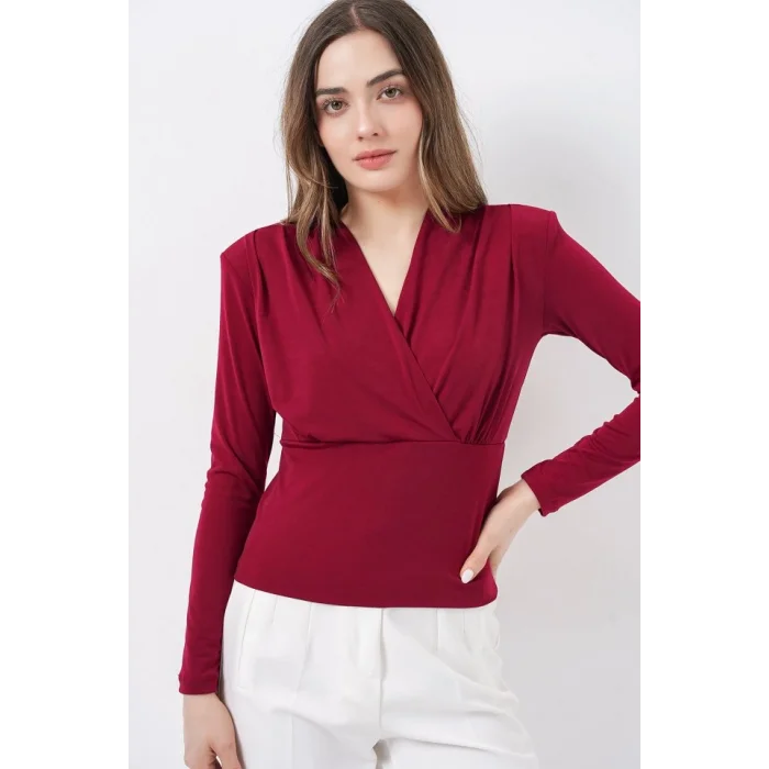 Omuz Vatkalı Kruvaze Yaka Bluz 942 - Bordo
