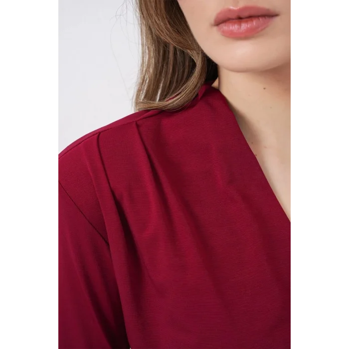 Omuz Vatkalı Kruvaze Yaka Bluz 942 - Bordo