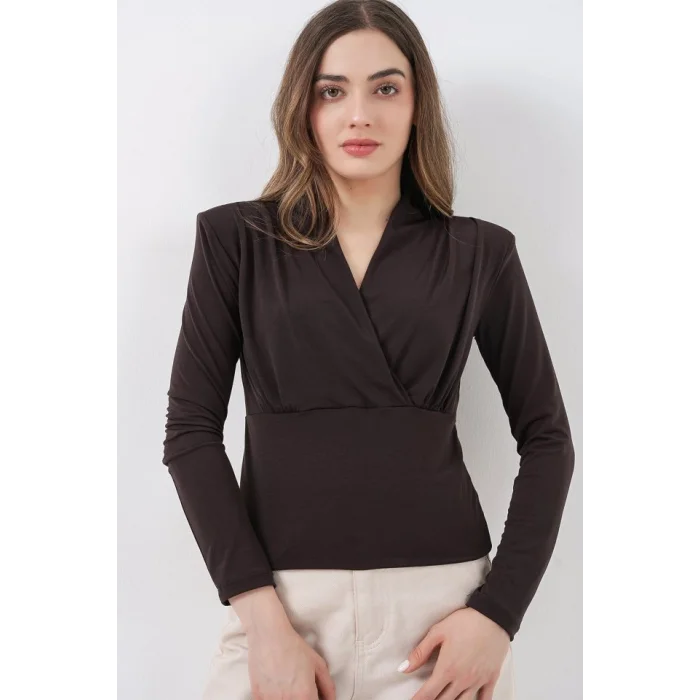 Omuz Vatkalı Kruvaze Yaka Bluz 942 - Kahverengi