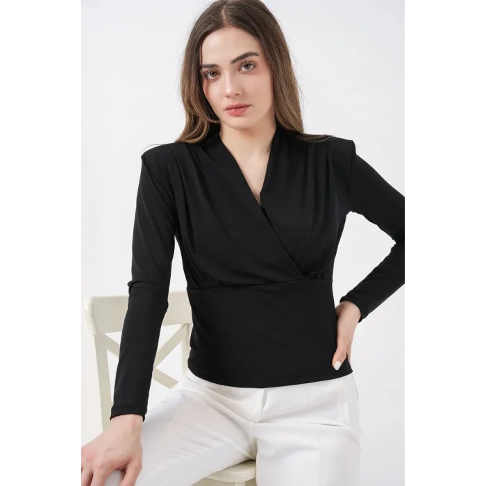 Omuz Vatkalı Kruvaze Yaka Bluz 942 - Siyah