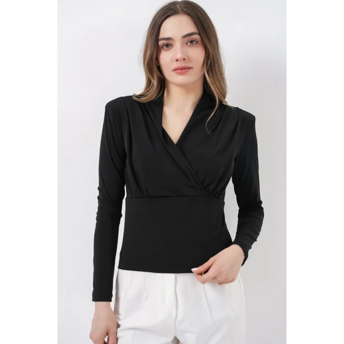 Omuz Vatkalı Kruvaze Yaka Bluz 942 - Siyah