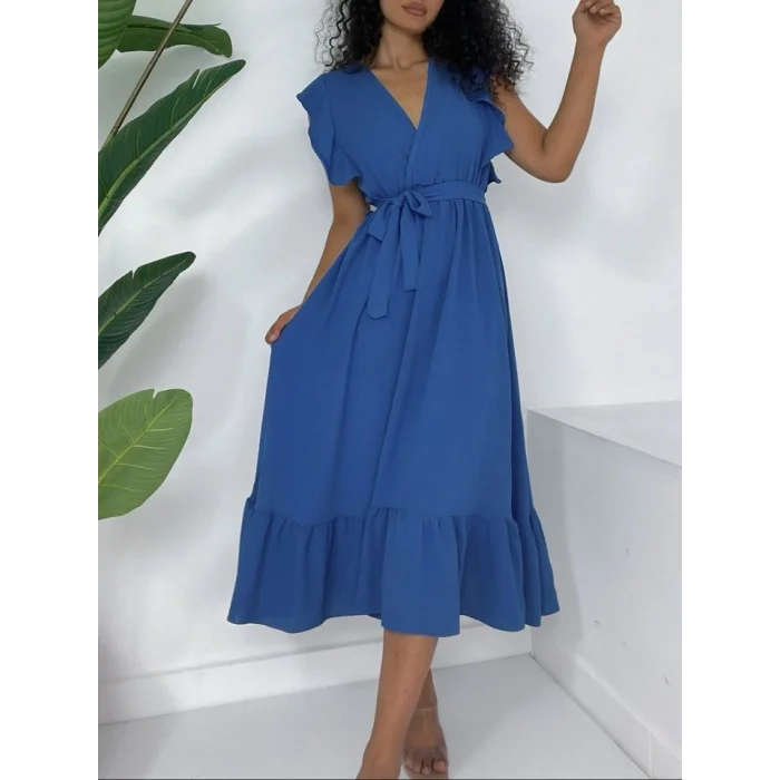 Omuzları Fırfırlı Sıfır Kol Beli Lastikli Bağcıklı Ayrobin Elbise -Koyu Mavi