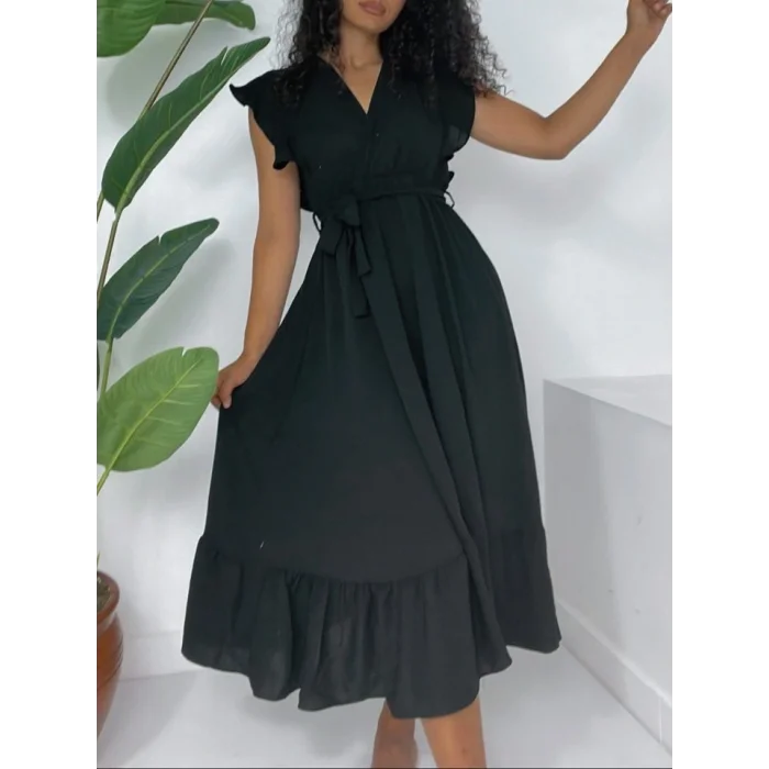 Omuzları Fırfırlı Sıfır Kol Beli Lastikli Bağcıklı Ayrobin Elbise -Siyah
