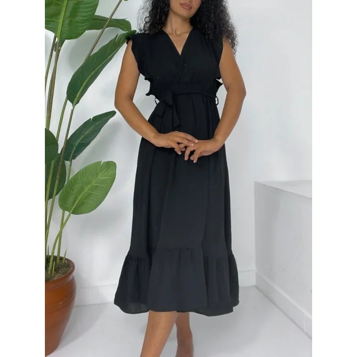 Omuzları Fırfırlı Sıfır Kol Beli Lastikli Bağcıklı Ayrobin Elbise -Siyah