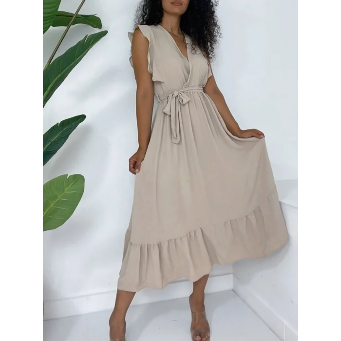 Omuzları Fırfırlı Sıfır Kol Beli Lastikli Bağcıklı Ayrobin Elbise -Vizon