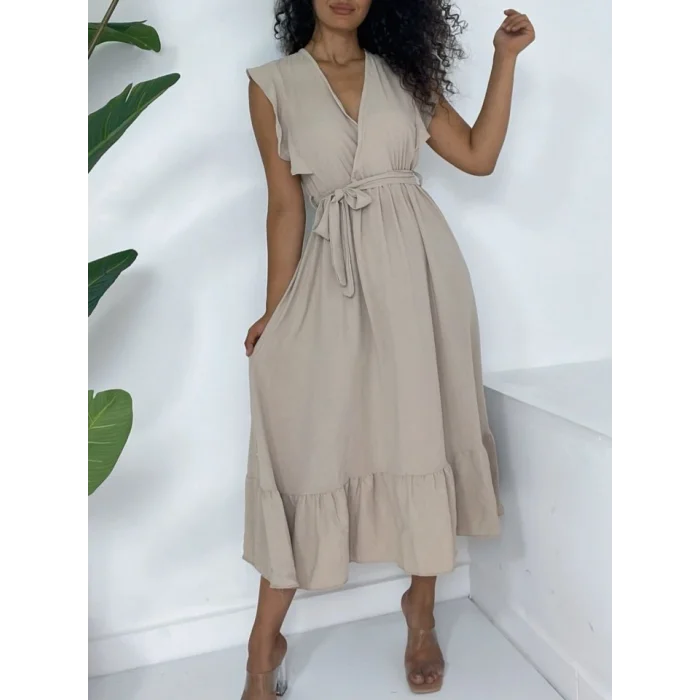 Omuzları Fırfırlı Sıfır Kol Beli Lastikli Bağcıklı Ayrobin Elbise -Vizon