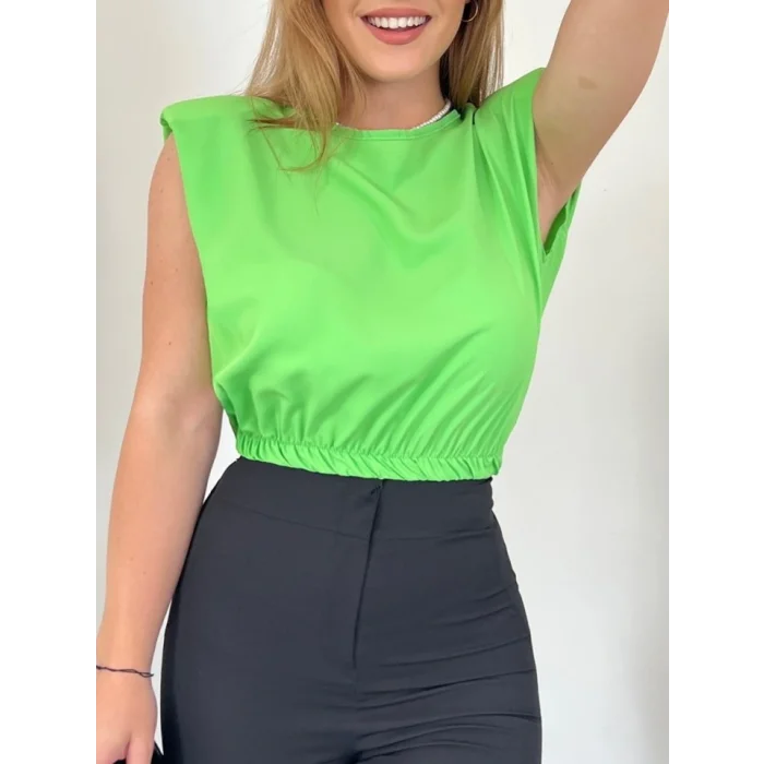 Omuzları Vatkalı Beli Lastikli  Bluz -A.Yeşil