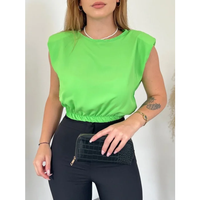 Omuzları Vatkalı Beli Lastikli  Bluz -A.Yeşil