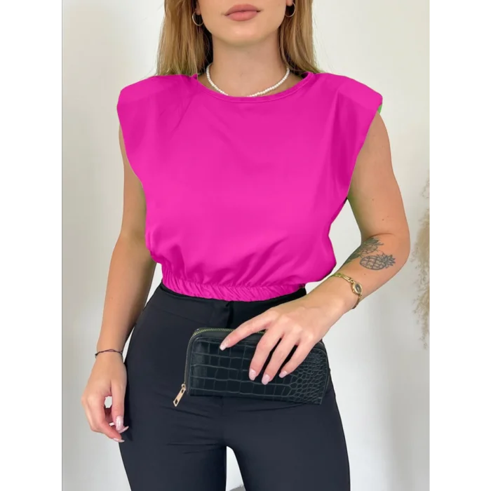 Omuzları Vatkalı Beli Lastikli  Bluz -Fuşya