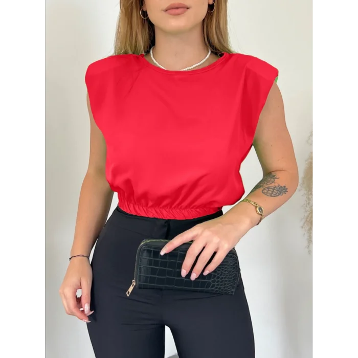 Omuzları Vatkalı Beli Lastikli  Bluz -Kırmızı
