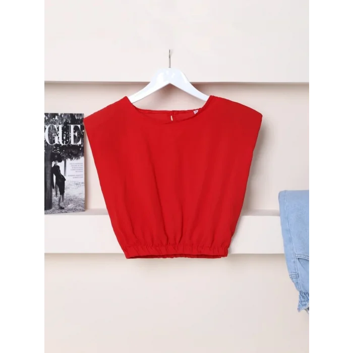Omuzları Vatkalı Beli Lastikli  Bluz -Kırmızı