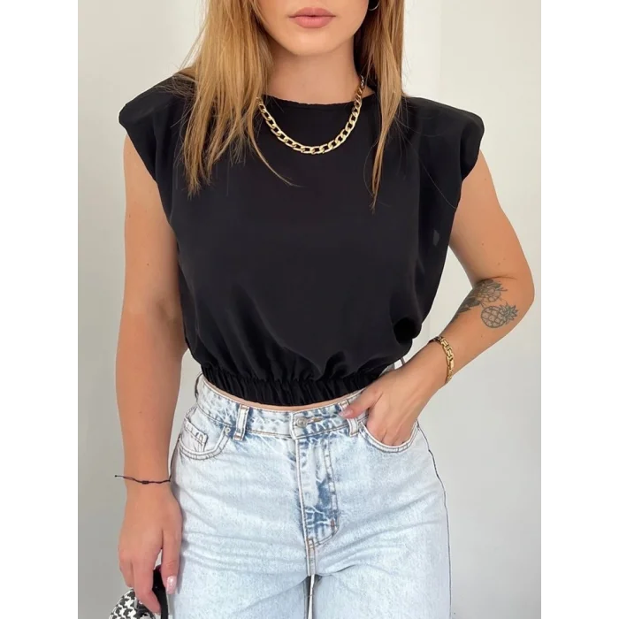 Omuzları Vatkalı Beli Lastikli  Bluz -Siyah