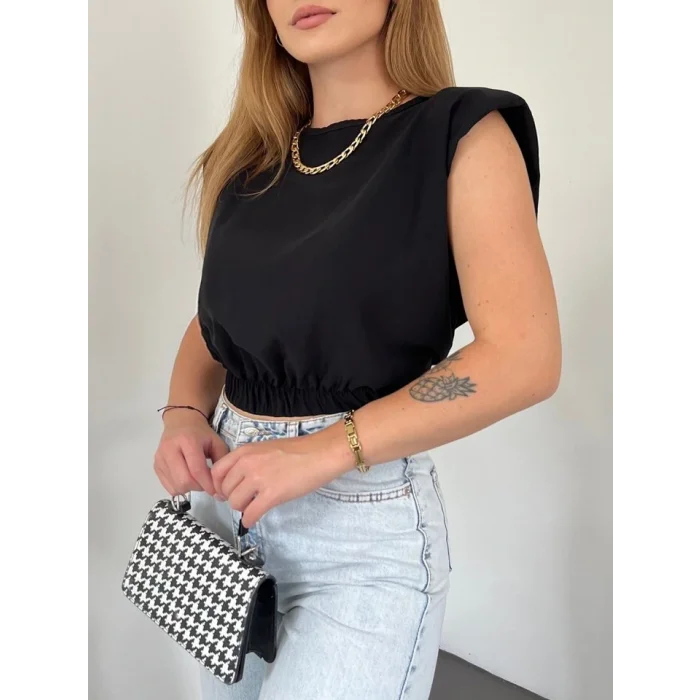 Omuzları Vatkalı Beli Lastikli  Bluz -Siyah