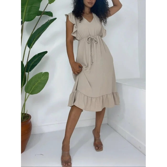 Omuzu Fırfırlı Beli Lastikli Sıfır Kol Midi Boy Ayrobin Elbise  -Açık Vizon