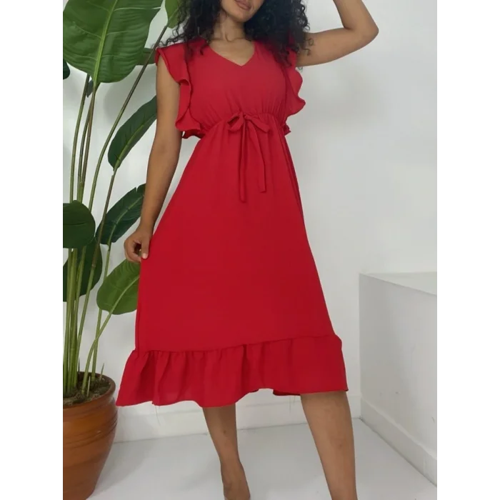 Omuzu Fırfırlı Beli Lastikli Sıfır Kol Midi Boy Ayrobin Elbise  -Kırmızı