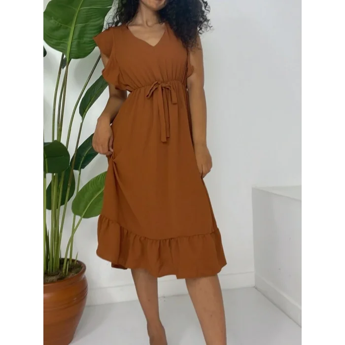 Omuzu Fırfırlı Beli Lastikli Sıfır Kol Midi Boy Ayrobin Elbise  -Taba