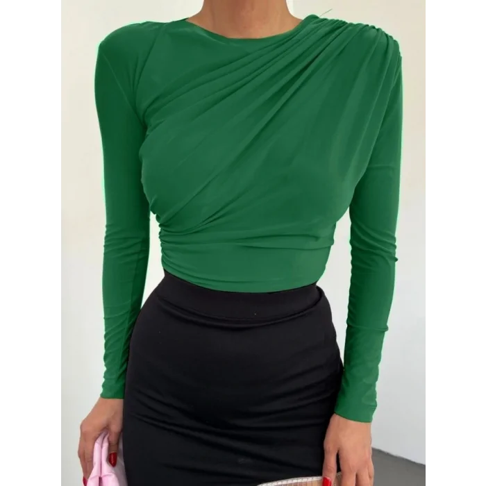 Omuzu Pileli Yanı Büzgülü Sandy Bluz      -Orman Yş.