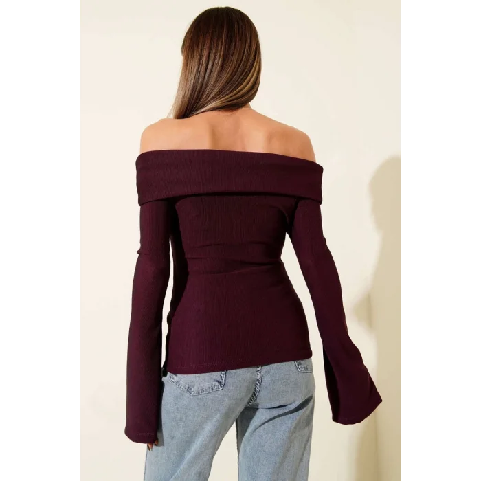 Omzu Açık Fermuarlı Bluz Mürdüm T4330