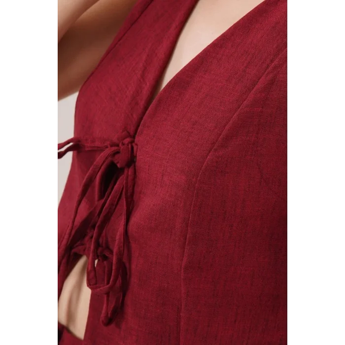 Ön Bağlama Detaylı Yelek Ve Pantolon Bordo İkili Takım